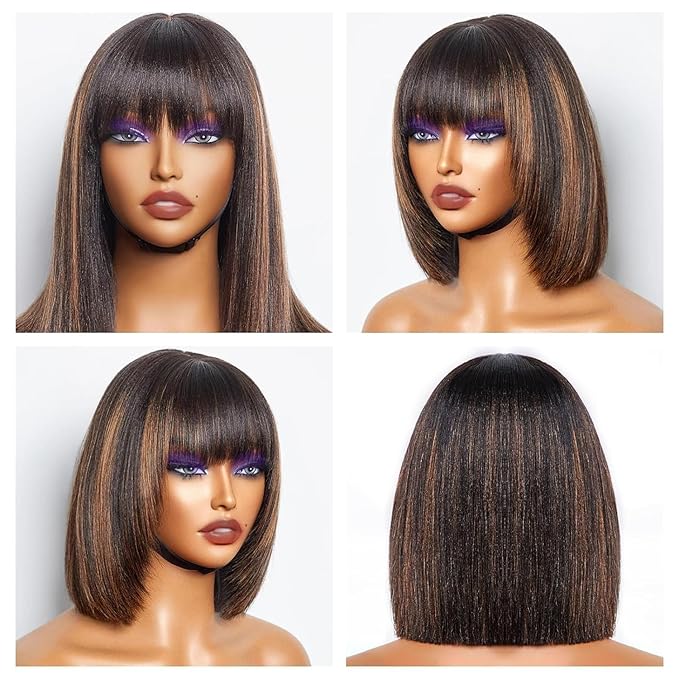 Bob Wig Human Hair with Bangs Glueless 2.5x1 HD Lace Colsure Wigs Human, Bob Wig with Brown Highlights, Wear to Go Short Wigs For Women Beginner Friendly 10 Inch