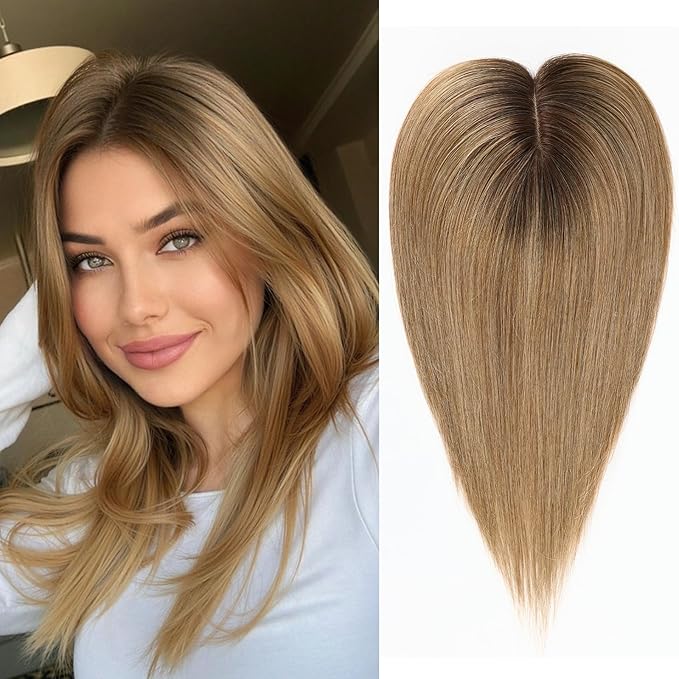 HAIRCUBE Hair Toppers For Women With Thinning 5"*5" Large Base Real Hair Toppers For Women, 14 Inch For Hand-Woven, 60g, Silk, Natural, realistic, Use Daily, Hairloss, Ombre Light Brown, No Bangs