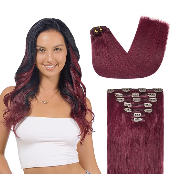 GOO GOO Clip in Hair Extensions Real Human Hair, Remy Human Hair Extensions Clip ins for Women, Natural Human Hair, 14inch 120g 7Pcs, 530 Burgundy