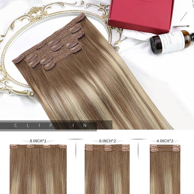 Moresoo Light Brown Balayage Clip in Hair Extensions Human Hair Remy Light Brown to Medium Blonde Ombre Clip in Extensions for Short Thin Hair Straight 80g/5pcs 12inch