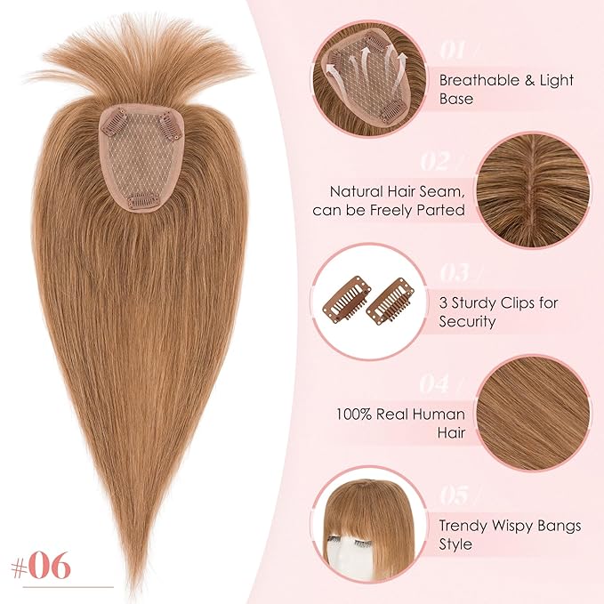 Hairro Human Hair Toppers with Wispy Bangs, 3.5x4.7" Hand-wovened Base for Women with Thinning Hair, Lightweight & Breathable Realistic Scalp, Clip-in Hairpieces for Easy Wear, 14 Inch Blondish Brown