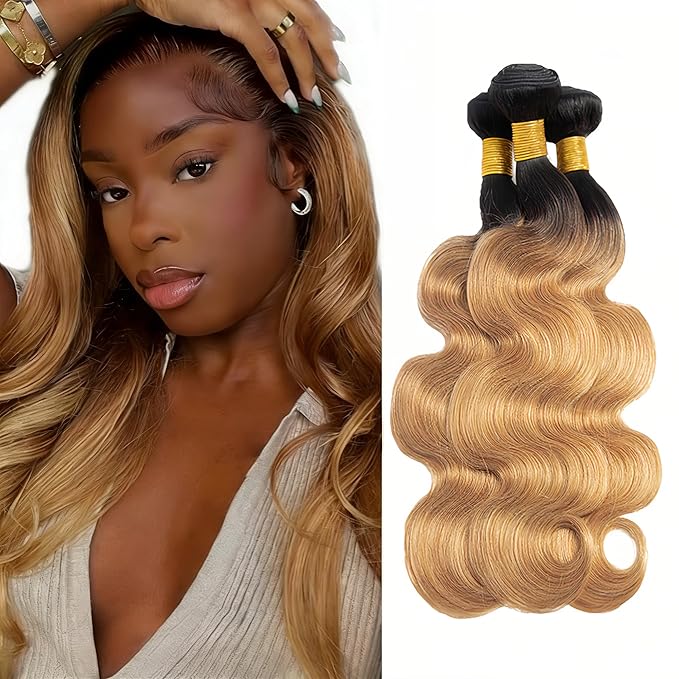 Honey Blonde Bundles Human Hair Ombre Body Wave Bundle Brazilian Virgin Remy Hair 3 Bundles 24 26 28 Inch Double Weft 2 Tone Black and Blonde Body Wave Bundle Hair Weave 150g