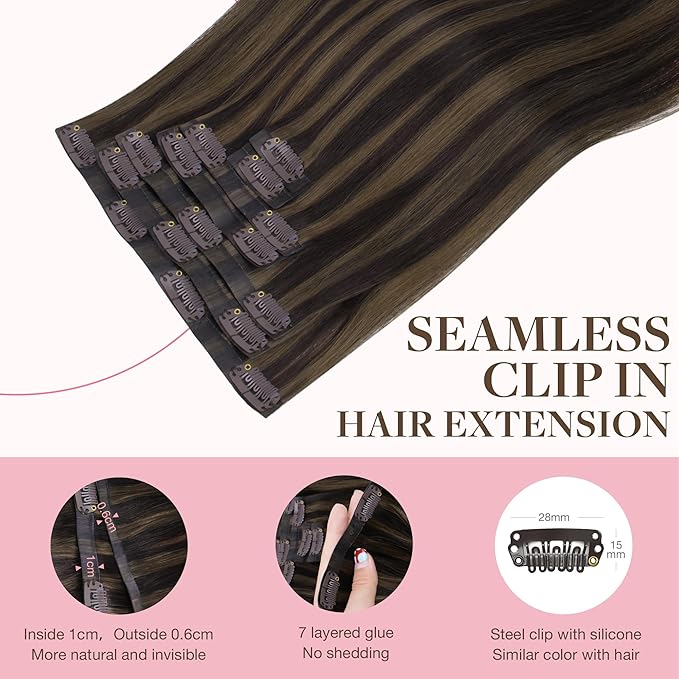 GOO GOO Clip in Hair Extensions Real Human Hair, Remy Human Hair Extensions Clip ins for Women, Natural Human Hair, 14inch 110g 7 Pcs, #2/6 Dark Brown Highlighted Chestnut Brown