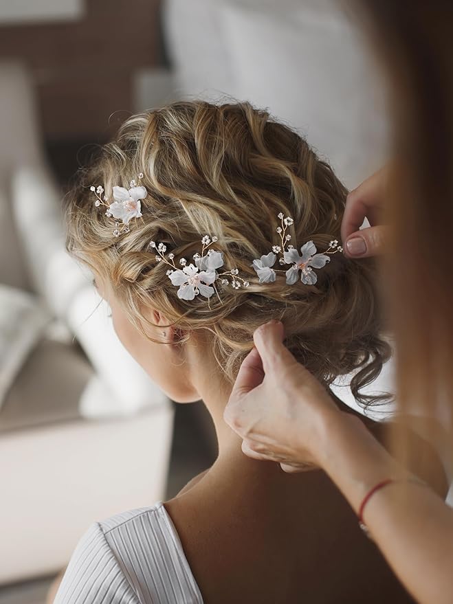 SWEETV 3Pcs Bridal Hair Pins White Flower Bride Hair Pieces Wedding Hair Side Combs Floral Headpieces Accessories Fall Beach Clip for Brides Bridesmaids Women Girls