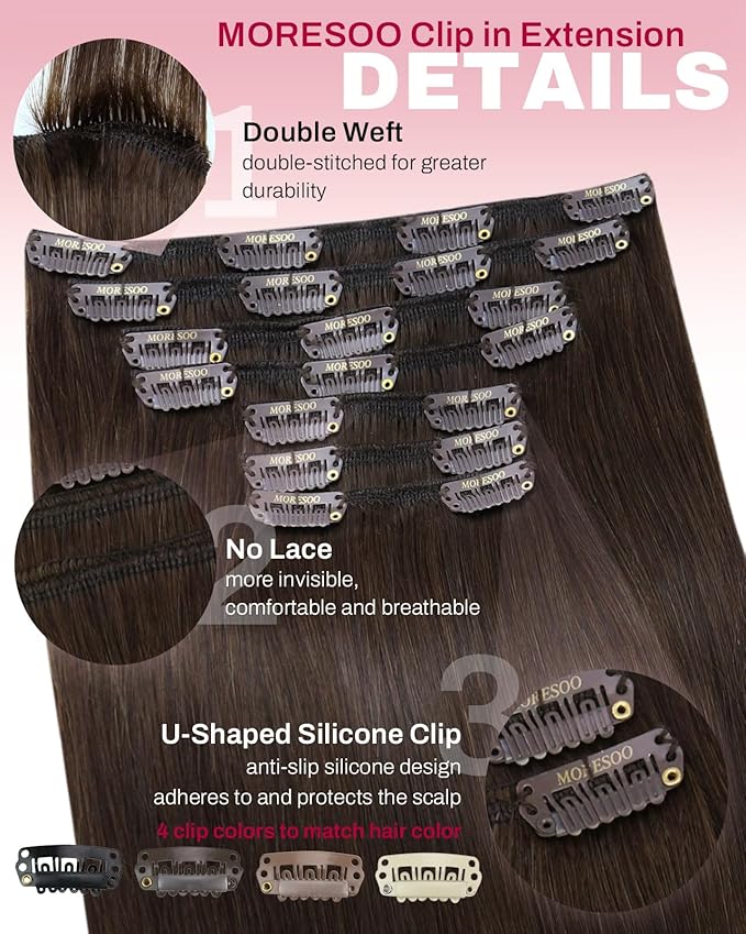 Moresoo Clip in Hair Extensions Real Human Hair Medium Brown Hair Extension Clip ins Remy Human Hair Double Weft Clip in Extensions Medium Brown #4 7pcs/135g 18inch