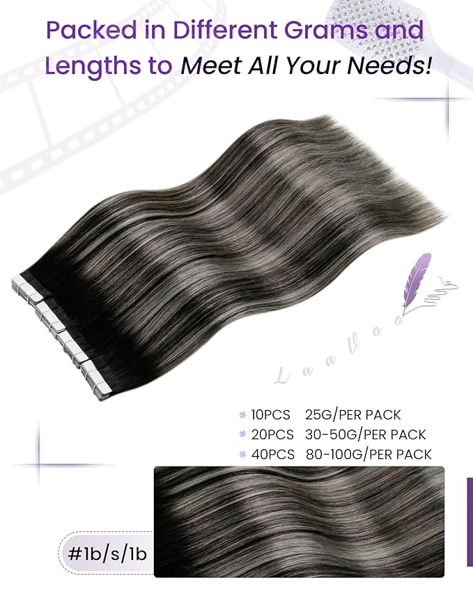 LaaVoo Ombre Tape in Hair Extensions Human Hair Tape in Extensions Balayage Off Black to Silver with Black 14 Inch 40pcs 100g