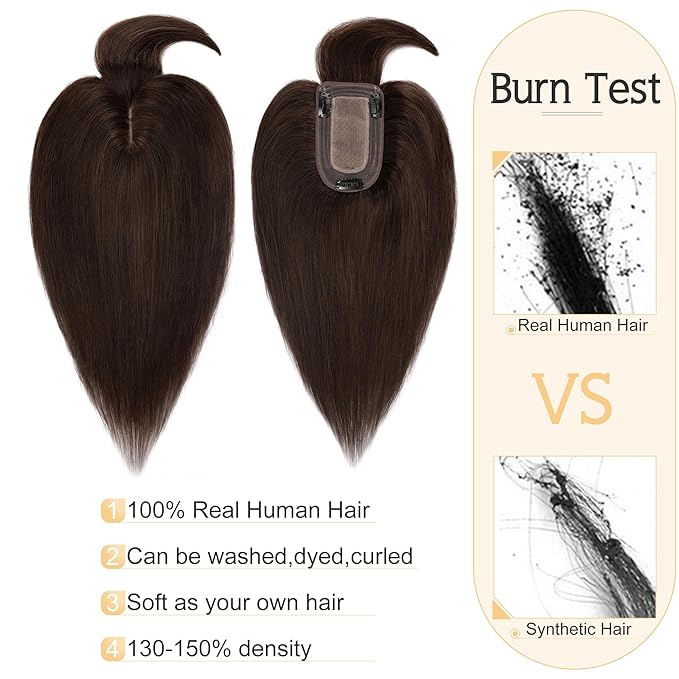 SEGO Hair Toppers for Women Real Human Hair With Bangs, 7 * 13CM Silk Base 100% Remy Human Hair Clip in Top Wiglet Hairpieces Add Volume -14 Inch Dark Brown