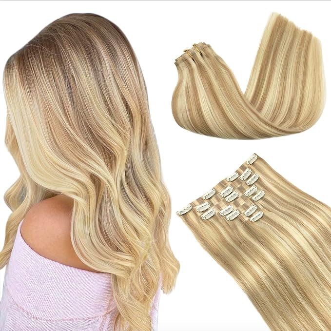 GOO GOO Clip in Hair Extensions Real Human Hair, Remy Human Hair Extensions Clip ins for Women, Natural Human Hair, 20inch 130g 7Pcs, #18A/613A Dark Blonde Highlighted Bleach Blonde