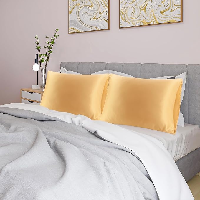 uxcell 2 Pack Silk Satin Pillowcase for Hair and Skin, Cool, Silky, Soft Breathable Pillow Cases King Size 20x36 Inch Sateen Pillowcase Champagne with Envelope Closure