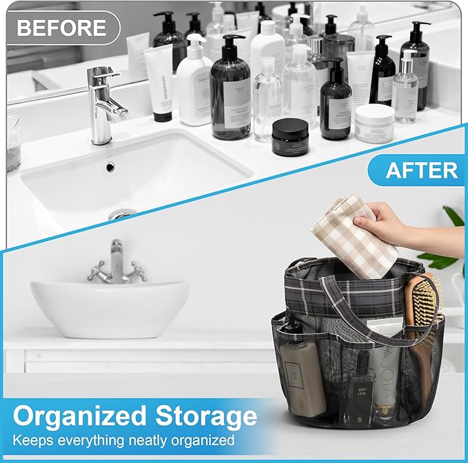 Mesh Shower Caddy Portable, Bathroom Caddy Organizer for College Dorm Essentials, Hanging Shower Tote Bag with 7 Pockets for Beach, Swimming, Gym camping Grey Black Checkered