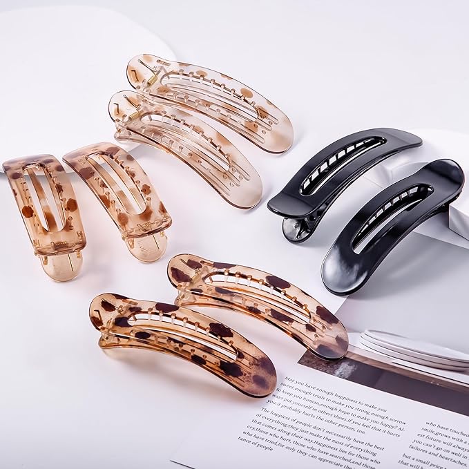 8 Pcs Large Lay Flat Claw Clips for Women French Side Slide Barrettes for Thin Fine Hair Rectangle Alligator Hair Accessories, Bright Black Tortoiseshell