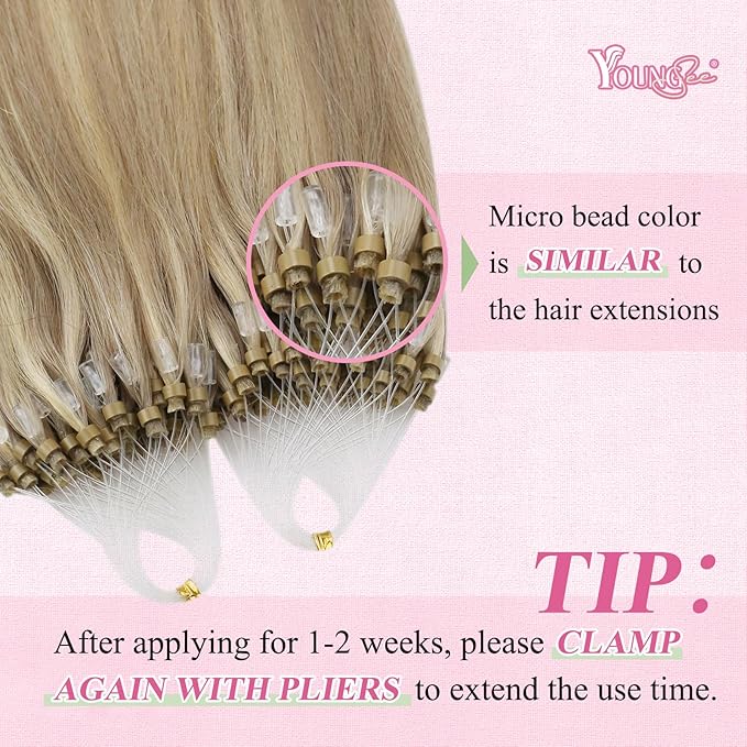 YoungSee Micro Loop Hair Extensions Real Human Hair Blonde Micro Link Hair Extensions Golden Blonde Highlights Beaded Hair Extension 16In 50g 50s Straight Hair Cold Fusion Hair Extension