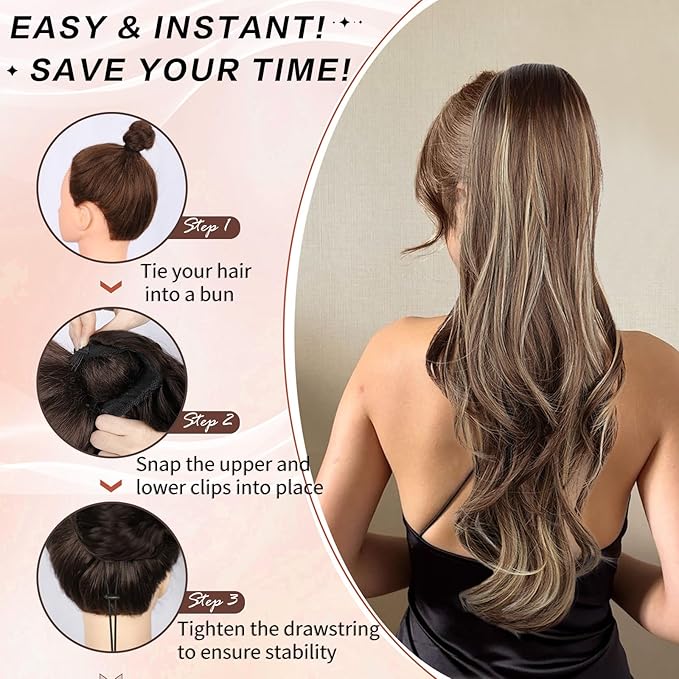 Ponytail Extension, Drawstring Ponytail Extension for Women 26 Inch Long Wavy Brown Pony Tails Hair Extensions Synthetic Clip in Ponytail Hairpiece for Women(Blonde & Medium Brown)