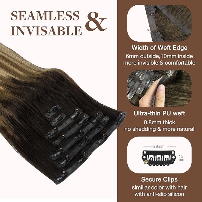GOO GOO Clip in Hair Extensions Real Human Hair, Remy Human Hair Extensions Clip ins for Women, Natural Human Hair, 20inch 150g 7Pcs, 2/6/18 Balayage Brown to Dirty Blonde