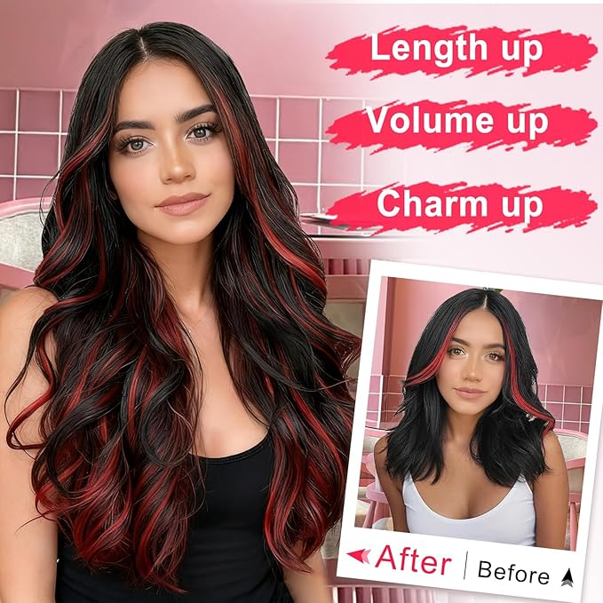 ALXNAN Long Wavy Hair Extensions for Women, Clip in Hair Extensions Clip Ins Soft Full Head Synthetic Hairpieces 20 Inch Black Hair with Red Highlights