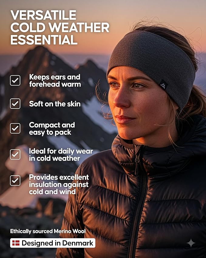 DANISH ENDURANCE Merino Wool Headband, with Thermal Inner Fleece, for Men and Women, Unisex, Dark Navy, M/L