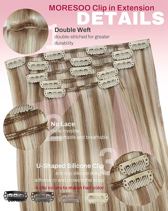 Moresoo Human Hair Clip in Extensions Blonde Highlights Brown Real Human Hair Extensions Clip ins Platinum Blonde with Medium Golden Brown Short 14 inch for Women Double Weft 80g/5pcs