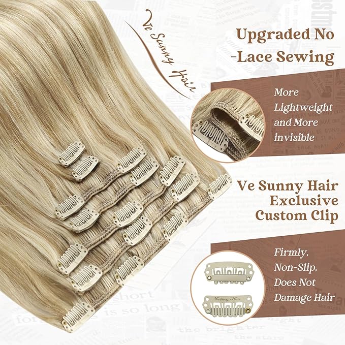 Ve Sunny Clip in Hair Extensions Human Hair Dark Blonde Highlights Golden Blonde Hair Extensions Full Head Real Hair Extensions Clip in Human Hair Natural Straight 7pcs 22 inch 120g