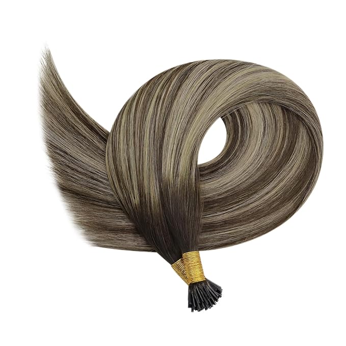 YoungSee Itip Human Hair Extensions Balayage I Tip Hair Extensions Ombre Dark Brown with Ash Blonde I Tips Hair Extension Real Human Hair 80s 50g I-Tips Extension Silky Straight 16Inch