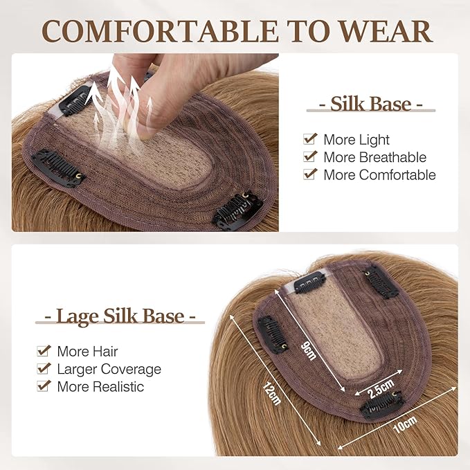Rich Choices Hair Toppers for Women Real Human Hair 100% Human Remy Toppers NO Bangs for Women with Thinning on Top Clip in Hairpiece 4"x4.7"Lace Base 18 Inch #6 Light Brown