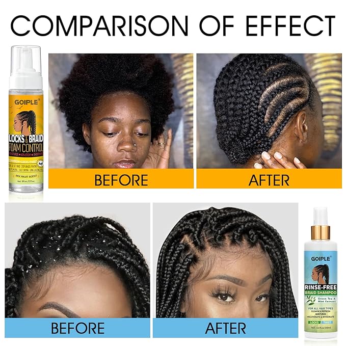 Braid Foam Control Mousse Braiding Mousse No-Water Braid Shampoo for Braids, Twist, Locs - Hair Foaming No Flake Extra Hold - Rinse-Free Dreadlock Shampoo for Build-Up, Odor, Itch & Flakes(2PCS)