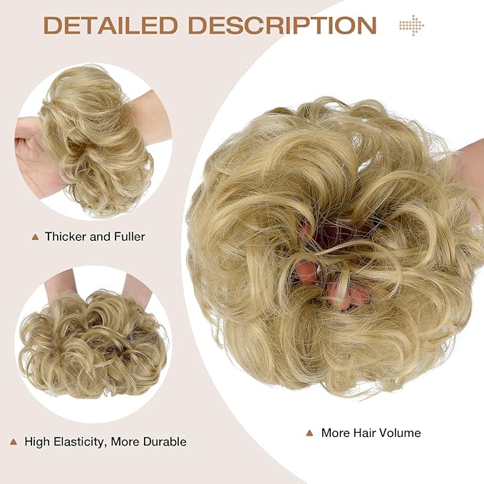 Messy Bun Hair Piece Wavy Curly Scrunchies Fluffy Donut Thick Updo Elegant Chignon Hairpieces for Women Girls, Ash Blonde 1.4oz