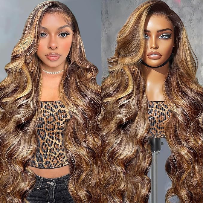 AMIRTY 250 Density Highlight Ombre 360 Lace Front Wig Human Hair Honey Blonde Body Wave HD Lace Front Wigs Human Hair Pre Plucked Brown 4/27 Colored Lace Frontal Glueless Wigs for Women 26 Inch