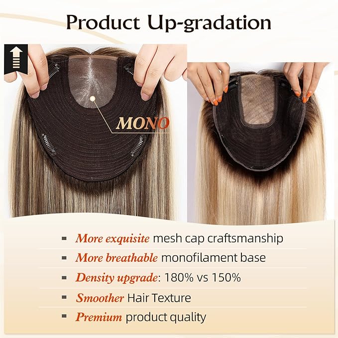MONO TOP Hair Toppers for Women Human Hair 12 Inch 7"×8" Big Base Partial wig Cover Thinning Hair or Loss No Bangs Top Hair Pieces Natural Wiglets (Brown with Blonde Highlights)