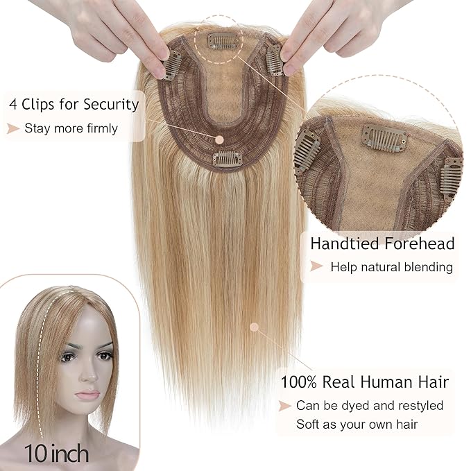 Hair Toppers for Women Real Human Hair No Bangs, 13 * 15 cm Larger Silk Base 150% Density Clip In Topper Hairpieces, Wiglet Top Pieces Add Volume -12 Inch 12 P613 Golden Brown&Bleach Blonde