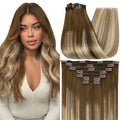 Full Shine Clip in Hair Extensions for Extra Long Real Remy Human Hair 22 Inch Brown Ombre Blonde Remy Hair Extensions Clip ins Straight Natural Hair Double Weft 7 Pcs 120 G