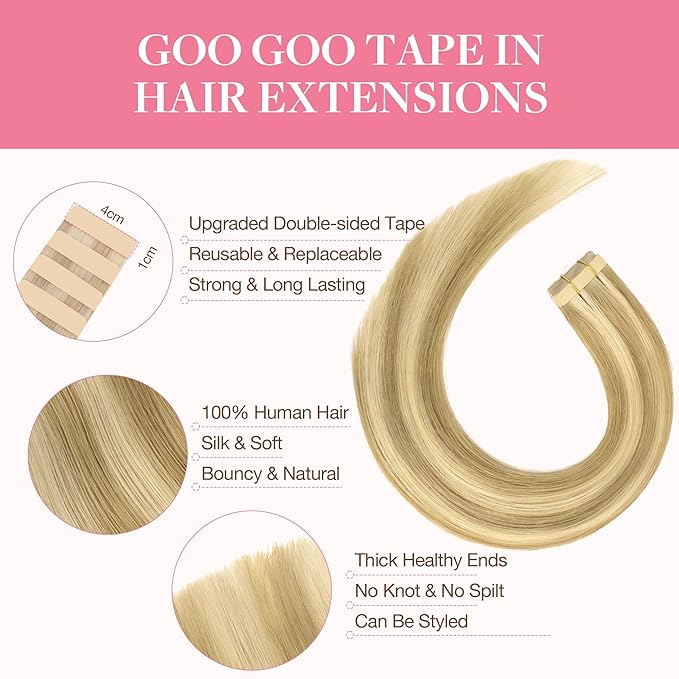 GOO GOO Tape in Hair Extensions Human Hair, 16/22 Light Blonde Highlighted Golden Blonde, 26inch 120g 40pcs, Skin Weft Seamless Invisible, Silky Straight with Thick Ends, Remy Human Hair