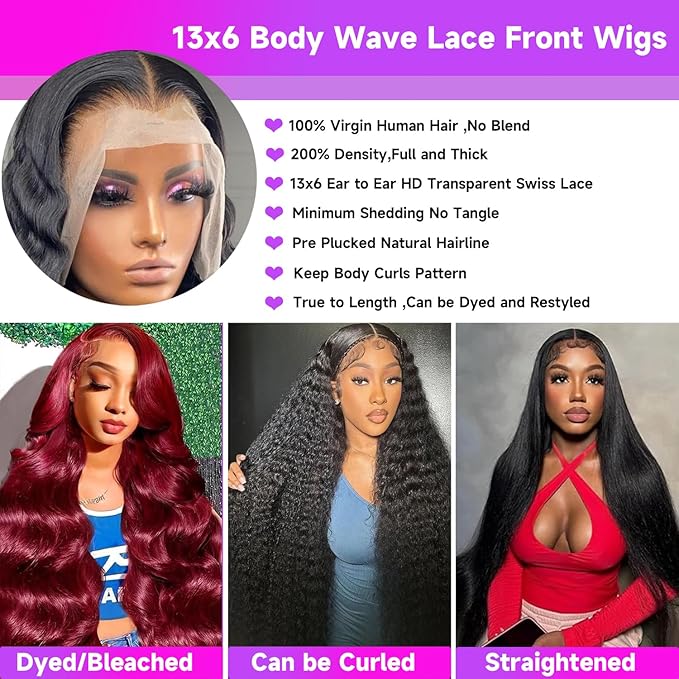 13x6 HD Lace Front Wigs Human Hair Pre Plucked Body Wave Lace Front Wigs Human Hair 100% Brazilian Virgin Human Hair Lace Front wigs for Women Frontal Wigs 200 Density 24 Inch Body Wave Wig