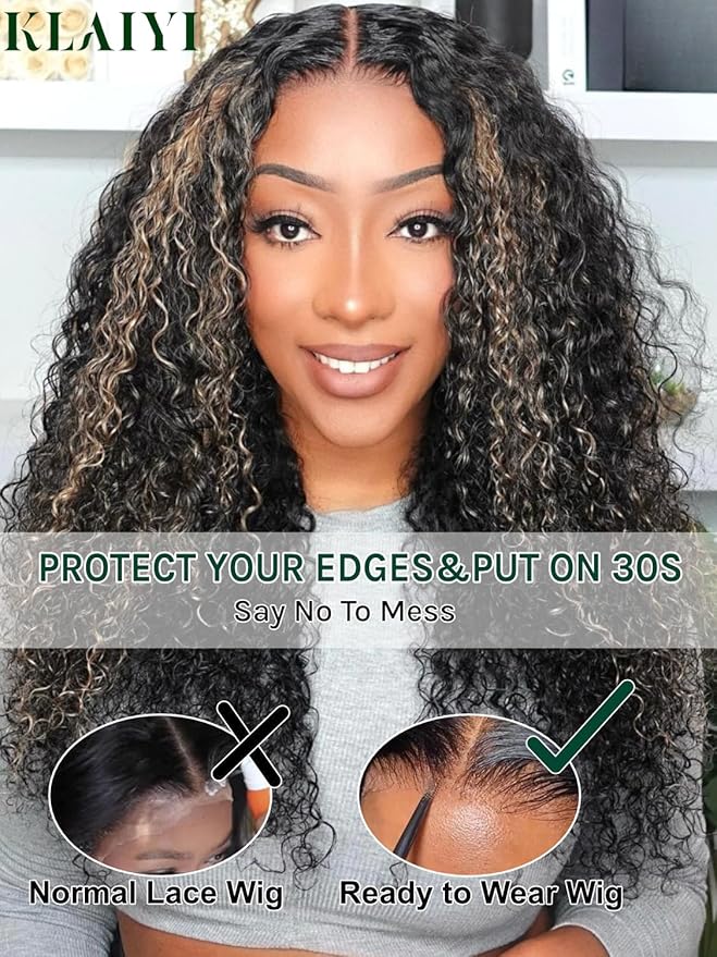 KLAIYI Ombre Highlight Blonde Water Wave Glueless Pre Everything 13x4 Lace Front Wigs Human Hair Drawstring Pre Plucked Pre Bleached Bye Bye Knots Curly Wig with Dark Roots Ready to Wear and Go 22Inch
