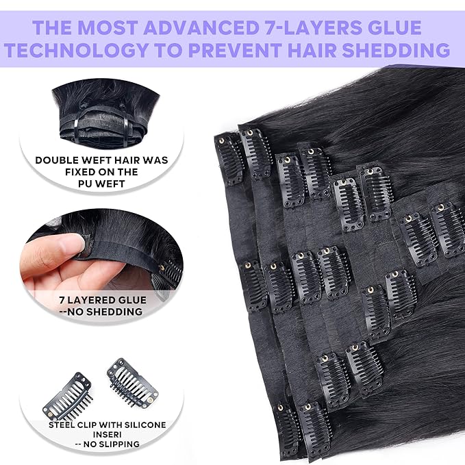 Seamless Clip In Hair Extensions Real Human Hair Straight 8Pcs 120g Hair Extensions Clip In Brazilian Human Hair Extensions PU Skin Weft with 18Clips 24inch Natural Black