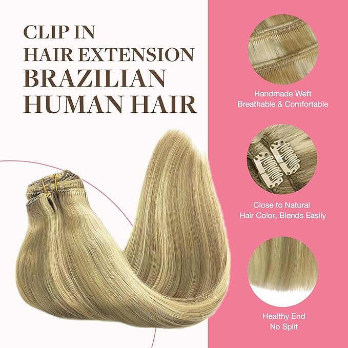 GOO GOO Clip in Hair Extensions Real Human Hair, Remy Human Hair Extensions Clip ins for Women, Natural Human Hair, 18inch 150g 9Pcs, 16/22 Light Blonde Highlighted Golden Blonde