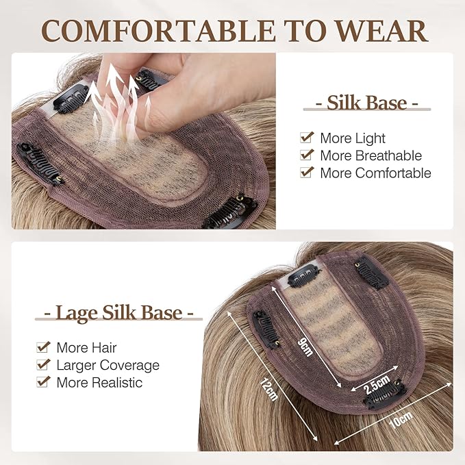 Rich Choices Hair Toppers for Women Real Human Hair 100% Human Remy Toppers NO Bangs with Thinning on Top Clip in Hairpiece 4"x4.7"Lace Base 14 Inch #4P27 Medium Brown Highlights Dark Blonde