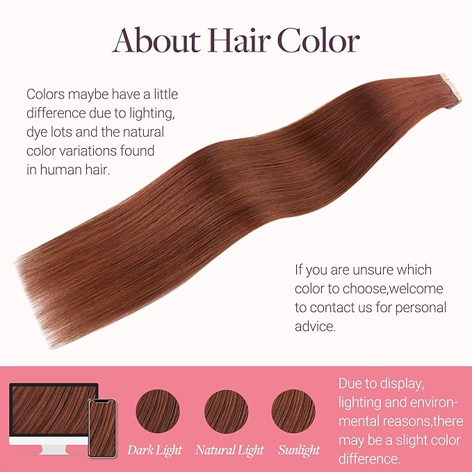 GOO GOO Tape in Hair Extensions Human Hair, #33B Dark Auburn Copper, 16inch 25g 10pcs, Skin Weft Seamless Invisible, Silky Straight with Thick Ends, Remy Human Hair