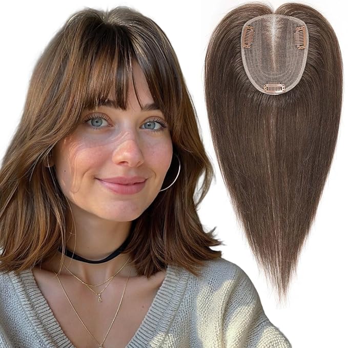 starluck Human Hair Toppers for Women with Thinning Hair, 14 Inch Real Hair Topper, 4.6x4 Inch SilkHug Swiss Lace Base Hairpiece, With Bangs (Brown)
