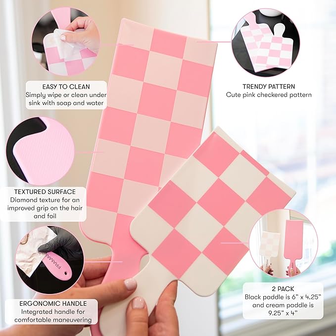 FRAMAR Checkered Balayage Board and Paddle Set - Long and Short Foil Board For Highlights, Balayage Hair Dye Kit, Hair Salon Supplies, For Enhanced Precision - 2 Pack - Pink and White