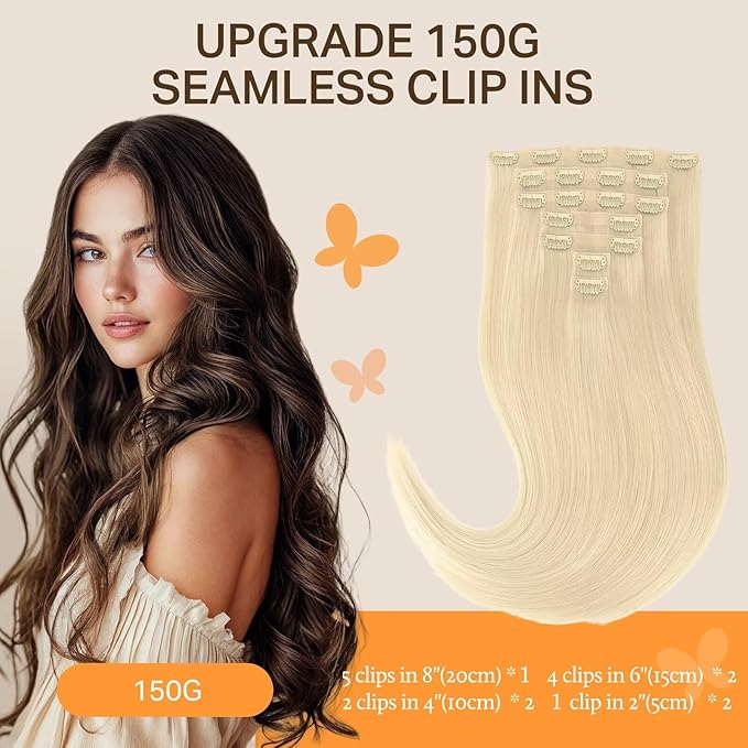DOORES Seamless Clip in Hair Extensions, Bleach Blonde 130g 7pcs 18 Inch, Human Hair Extensions Remy Hair Clip ins Extensions Seamless Thick Straight Hair Thin Weft Invisi Edge Hair Extensions