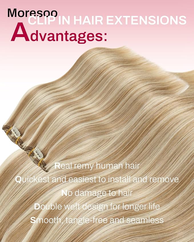 Moresoo Clip in Hair Extensions Real Human Hair Blonde Highlights Brown Hair Extensions Clip ins Golden Brow with Platinum Blonde Double Weft Remy 120g/7pcs 16 inch