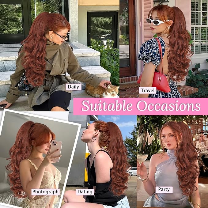 ALXNAN Ponytail Extension,24 Inch Claw Clip in Long Curly Wavy Reddish Orange Ponytail Hair Extension Jaw Clip on Pony Tails Hairpiece for Women