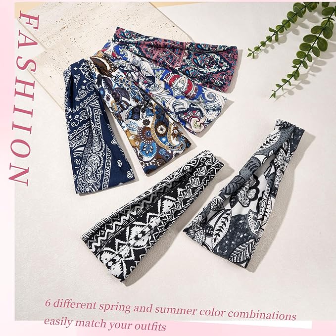 Boho Headbands for Women, 6 Pack Wide Non-Slip Stretchy Hair Bands for Yoga, Workout, Running, Fashion Hair Accessories for Women's Hair（Shape 2）