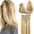 GOO GOO Clip in Hair Extensions Real Human Hair, Remy Human Hair Extensions Clip ins for Women, Natural Human Hair, 20inch 200g 7Pcs, #16/22 Light Blonde Highlighted Golden Blonde