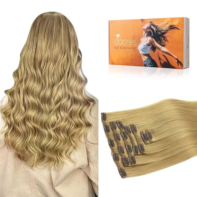 DOORES Clip in Human Hair Extensions, Dirty Blonde 12 Inch 7pcs 80g, Thick Silky Straight Hair
