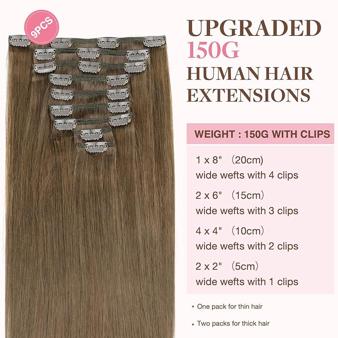 GOO GOO Clip in Hair Extensions Real Human Hair, Remy Human Hair Extensions Clip ins for Women, Natural Human Hair, 20inch 150g 9Pcs, 5 Light Ash Brown