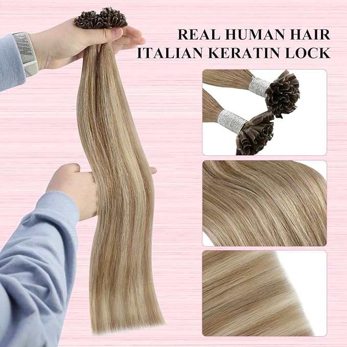 YoungSee Human Hair U Tip Hair Extensions Ombre Utip Remy Hair Extension Balayage Light Brown Ombre Blonde U Tips Human Hair Extensions Straight U Tip Keratin Hair Extension for Short Hair 50s/50g