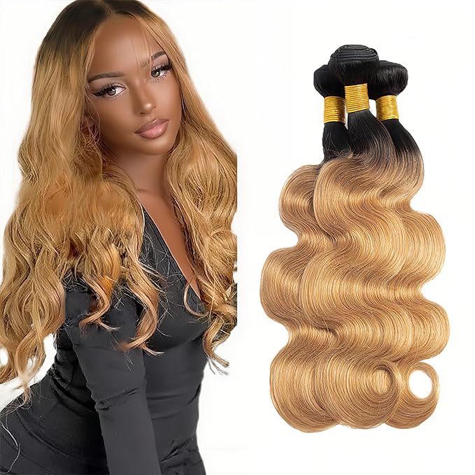 1b27 Human Hair Bundles Ombre Blonde Body Wave Bundle Niegmeag Virgin Remy Hair 3 Bundles 24 26 28 Inch Double Weft 2 Tone Black and Honey Blonde Bundles Hair Weave