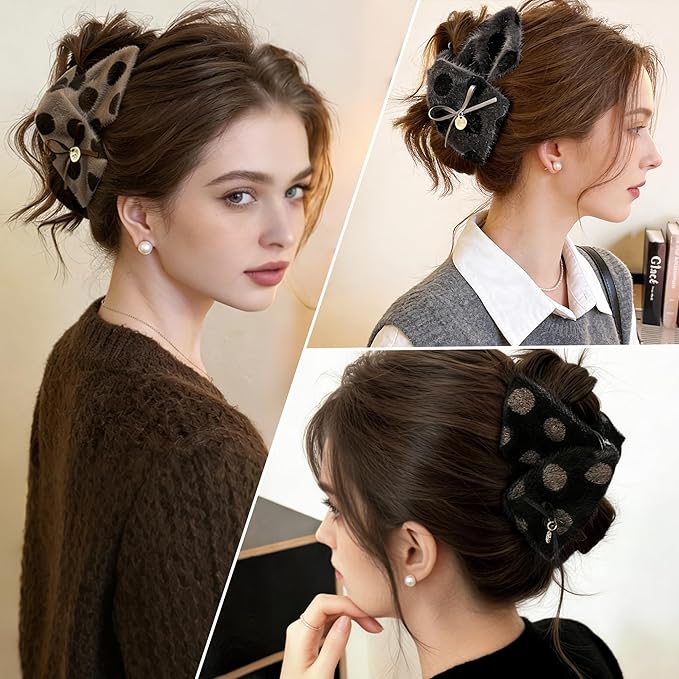 3Pcs Large Plush Hair Claw Clips for Thick Hair, 5.3 Inch Fuzzy Faux Fur Jaw Clips, Cute Polka Dot Hair Catch Barrettes with Bow Ribbon, Non Slip Strong Hold Winter Hair Accessories for Women Girls