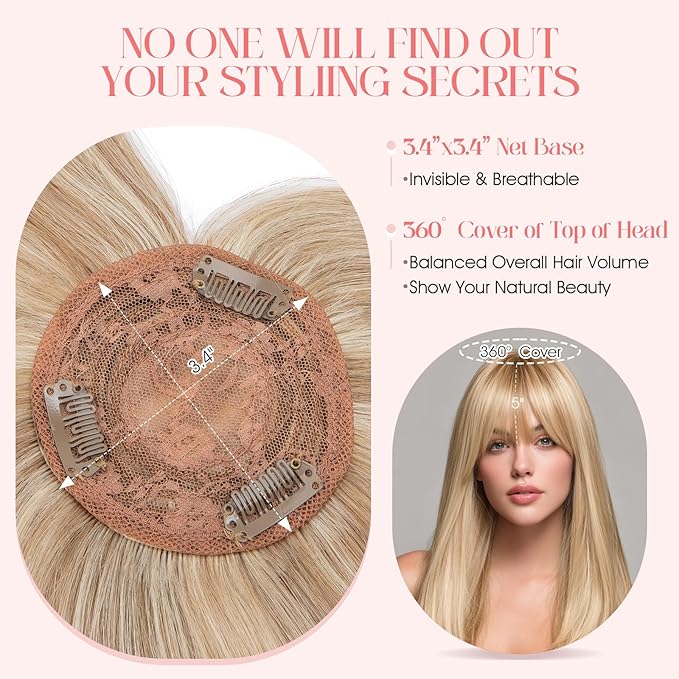 Hairro Mono Hair Toppers with Bangs, 3.4" x 3.4" Mono Base 100% Real Human Hairpieces for Women, 150% Density Clips In Topper for Greyish Thinning Hair, 16 Inch Golden Brown Mix Bleach Blonde